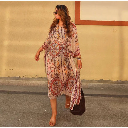 Women V Neck Vintage Vine Print Batwing Sleeve Maxi Dress Drawstring Waist Loose Flare Long Dress Mesh Texture Beach Vacation
